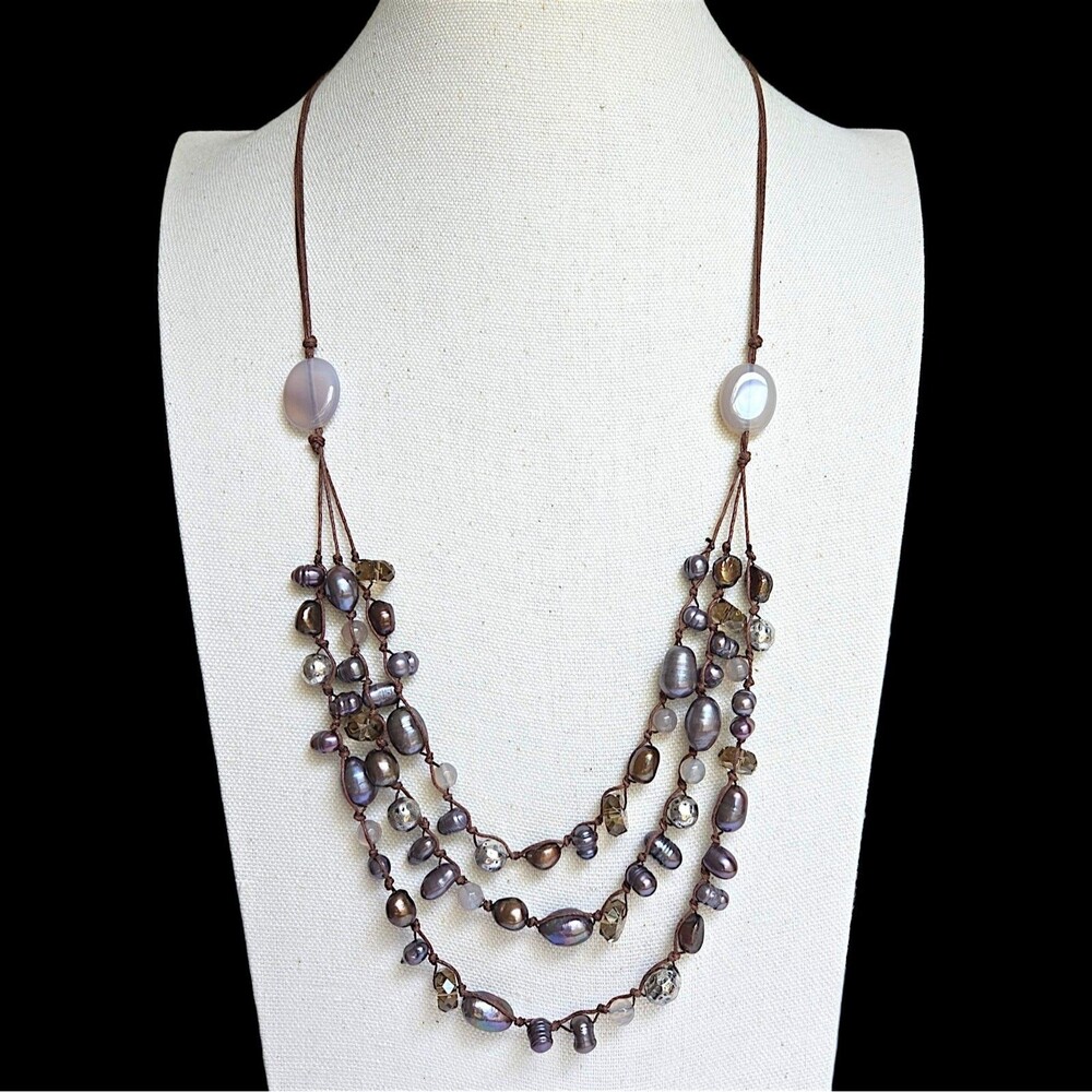J Jill Pearl & Crystal Multi Strand Gemstone Necklace Brown Cord Boho 24"-26"